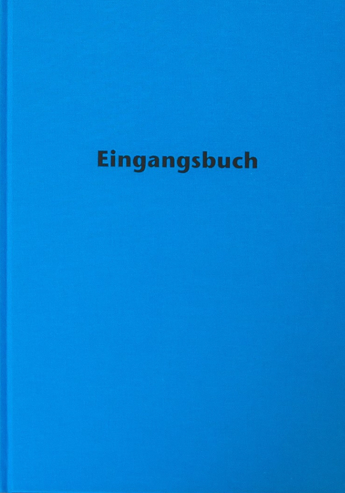 Eingangsbuch mit blauem Einband und schwarzen mittigen Schriftzug: Eingangsbuch