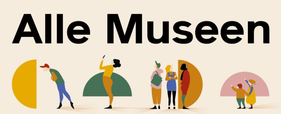 Schriftzug Alle Museen mit vier kleinen Grafiken von verschiedenen Personengruppen. Stehen in typischen Museumsbesucher-Positionen.