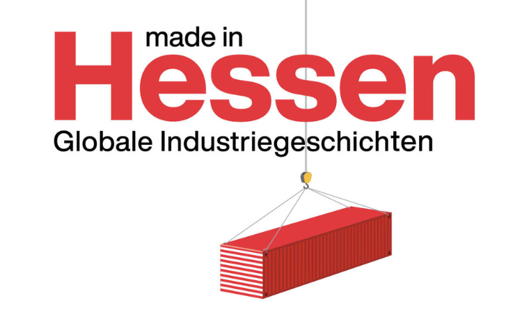 Ausschnitt vom Ausstellungslogo von Made in Hessen - Globale Industriegeschichten mit schwebendem Container