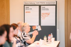 Eine Flipchart mit Plakaten mit Klebepunkten darauf. Oben drüber steht: Meine Haltung zum Thema Enstammeln. Plakat 1 Team behalten. Plakat 2: Team pragmatisch aussortieren.